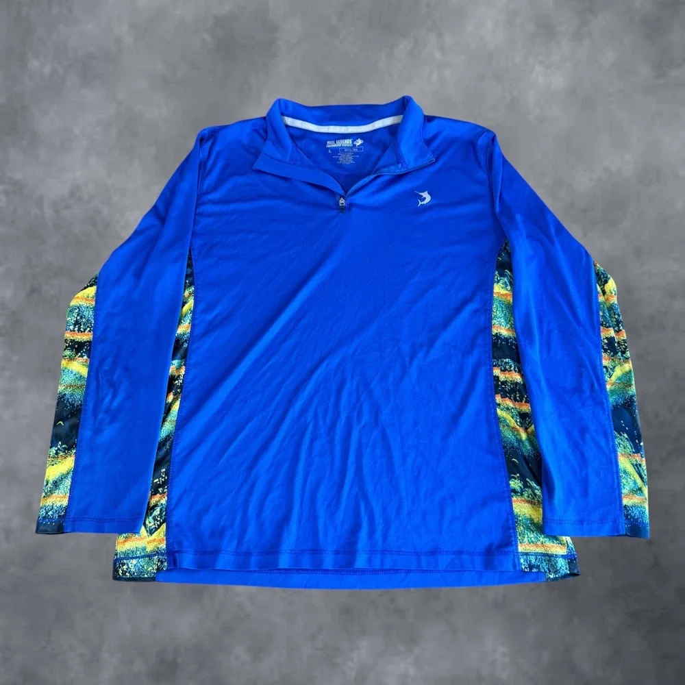 Reel Legends Kids Blue Quarter Zip Fishing Performance Shirt Large Graphic Side